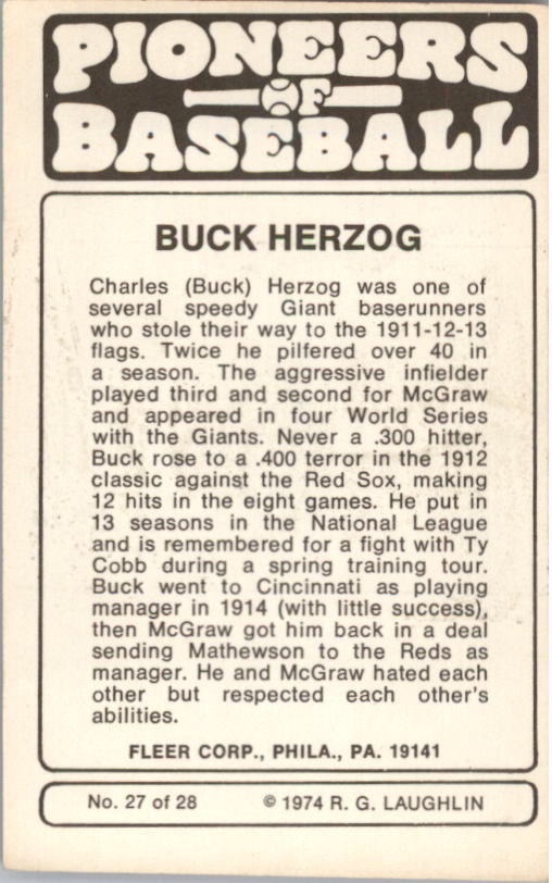 1975 Fleer Pioneers #27 Buck Herzog back image