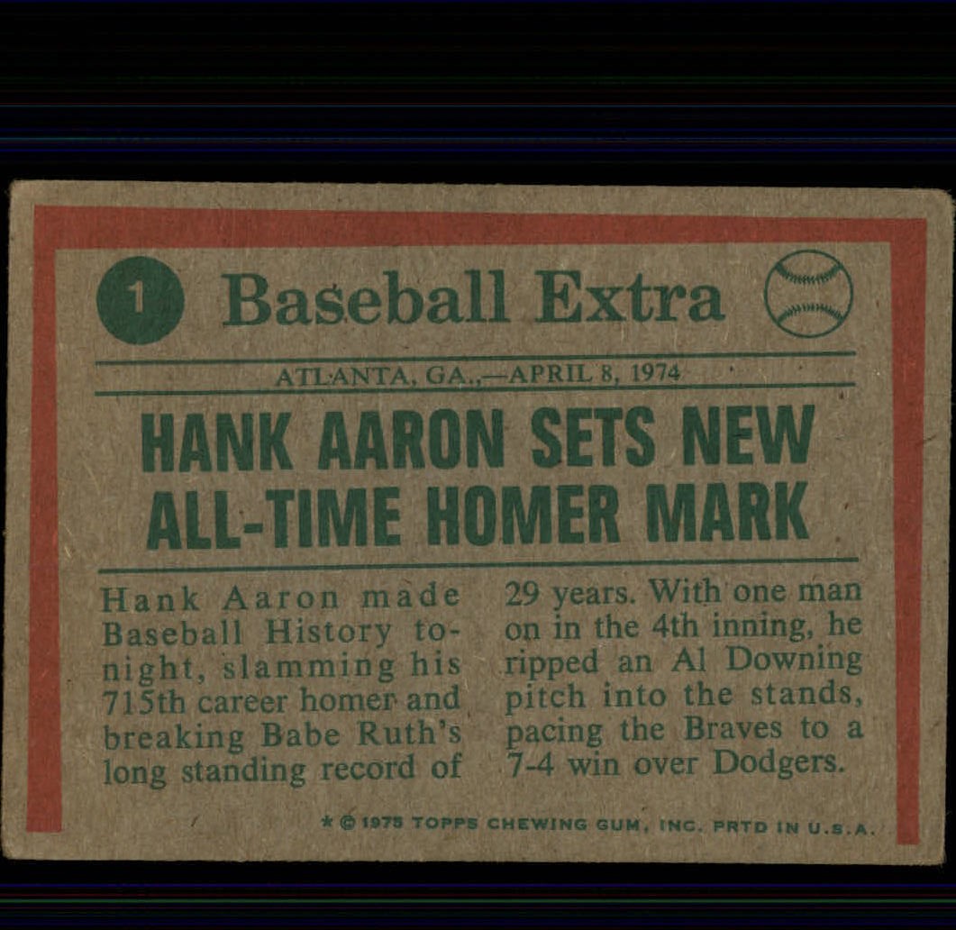 1975 Topps #1 Hank Aaron HL/Sets Homer Mark back image