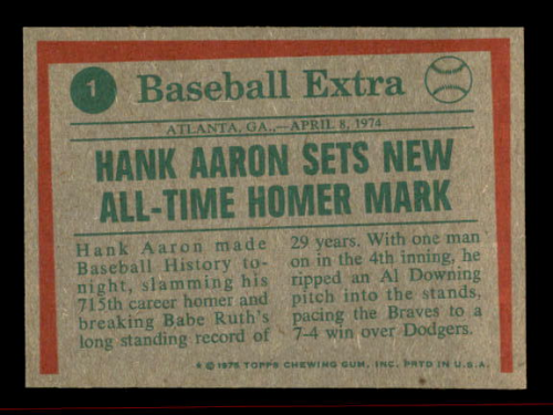 1975 Topps #1 Hank Aaron HL/Sets Homer Mark back image