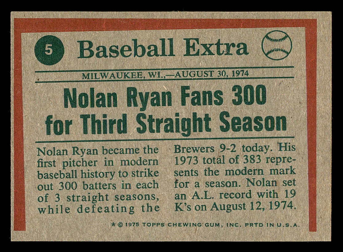 1975 Topps #5 Nolan Ryan HL/Fans 300 for/3rd Year in a Row back image