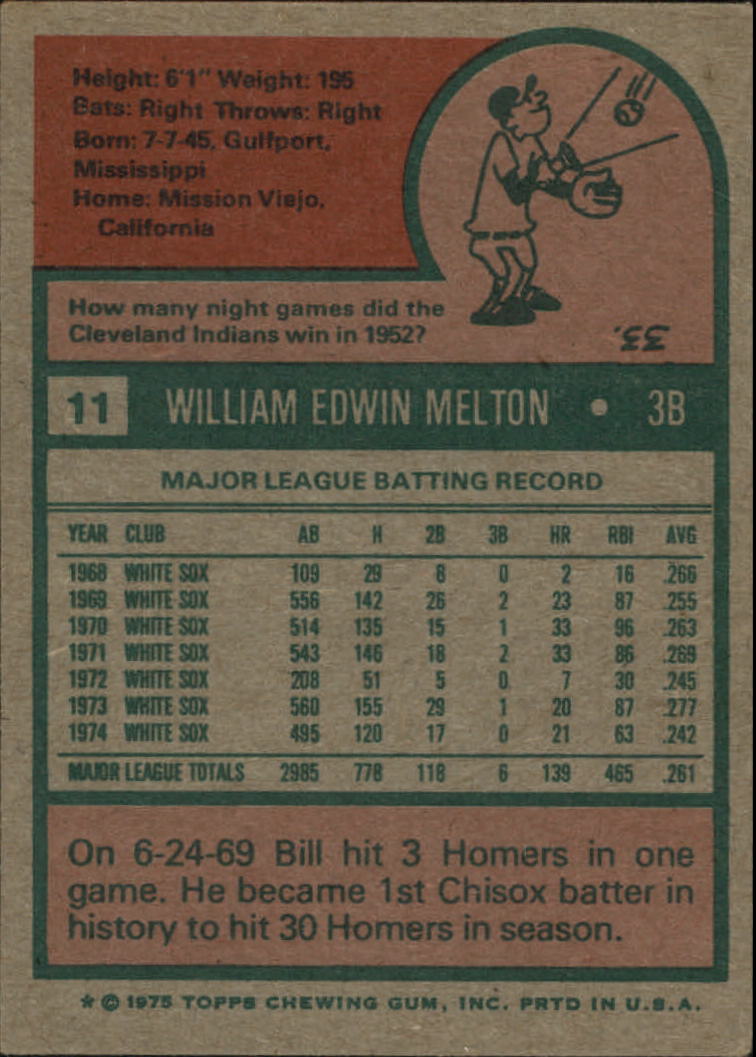 1975 Topps #11 Bill Melton back image