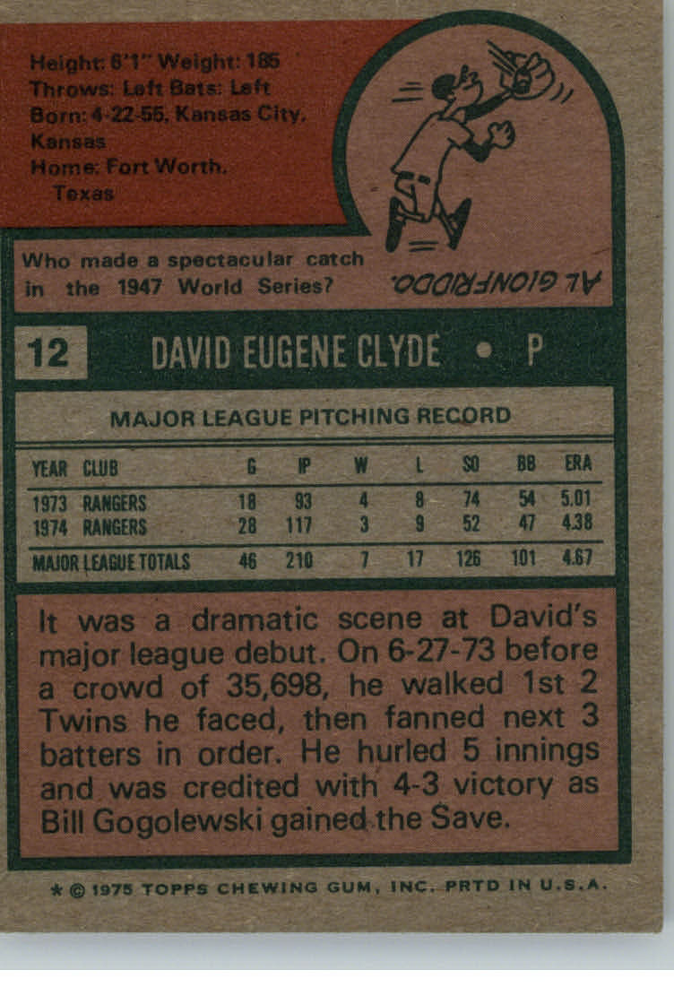 1975 Topps #12 David Clyde back image
