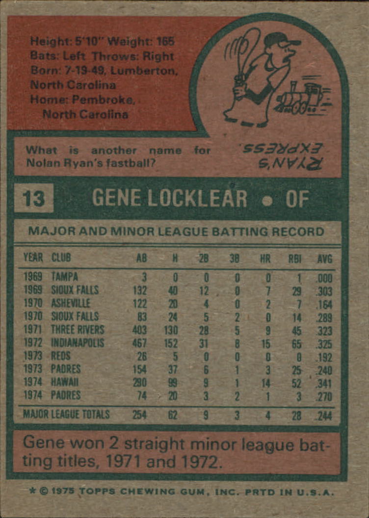 1975 Topps #13 Gene Locklear RC back image