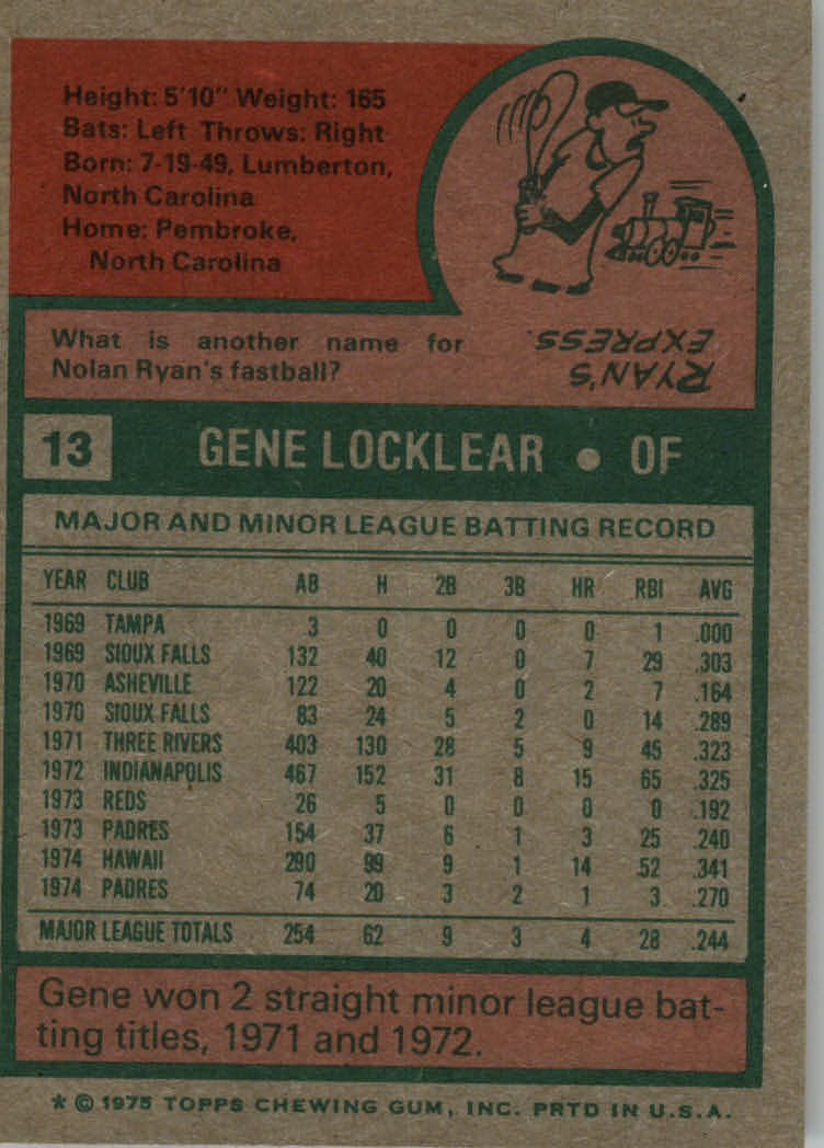 1975 Topps #13 Gene Locklear RC back image