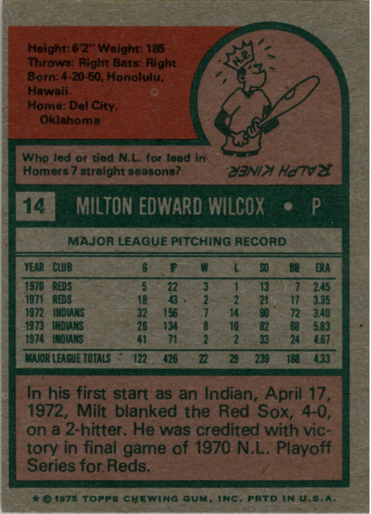 1975 Topps #14 Milt Wilcox back image