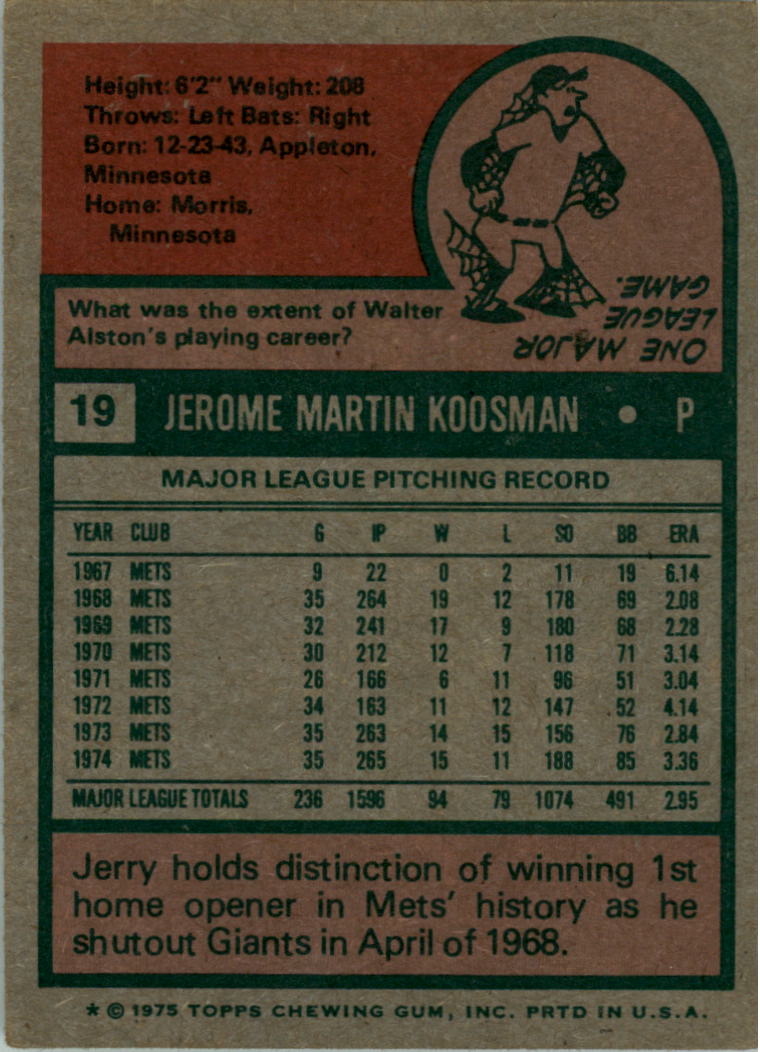 1975 Topps #19 Jerry Koosman back image