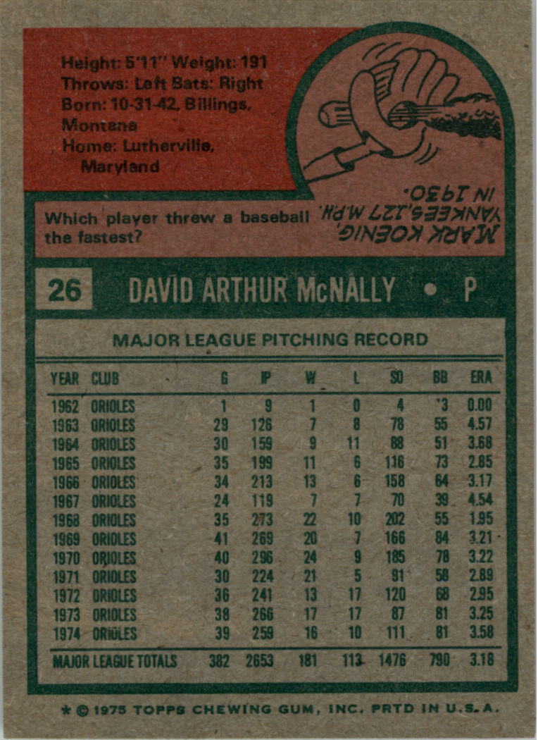 1975 Topps #26 Dave McNally back image