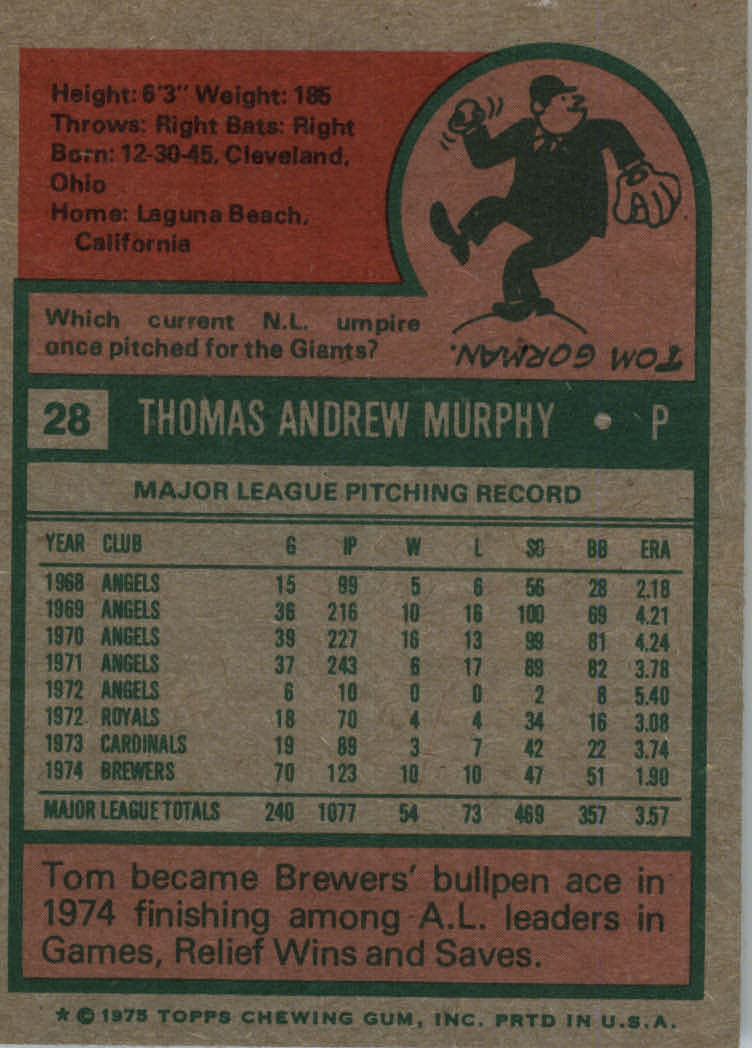 1975 Topps #28 Tom Murphy back image