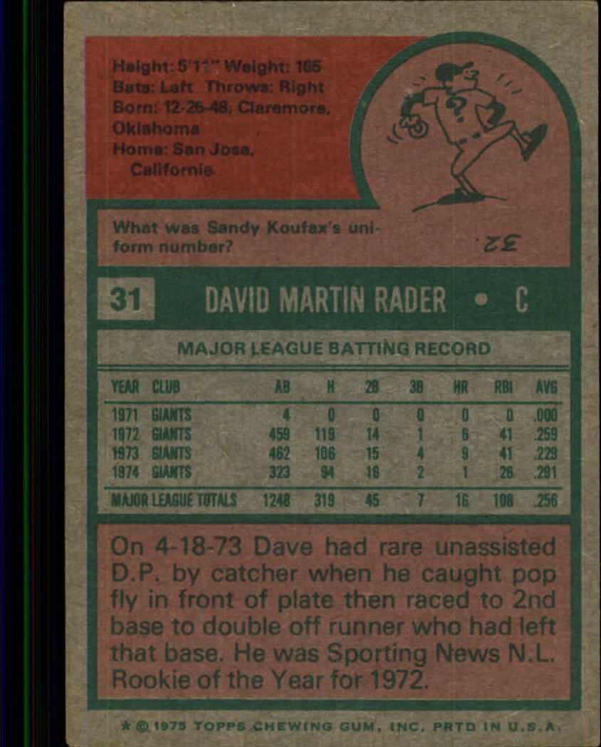 1975 Topps #31 Dave Rader back image