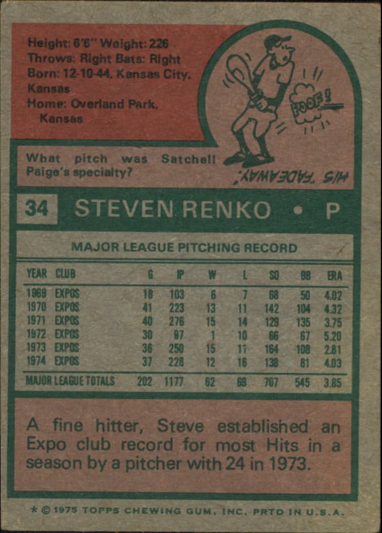 1975 Topps #34 Steve Renko back image