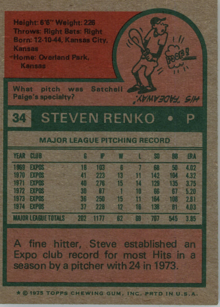 1975 Topps #34 Steve Renko back image