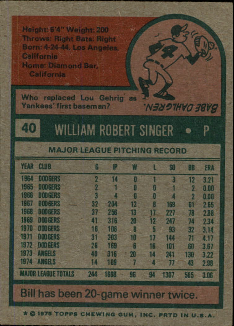 1975 Topps #40 Bill Singer back image