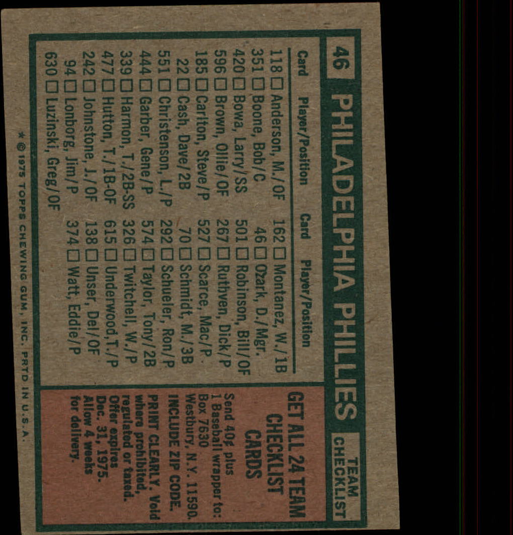 1975 Topps #46 Philadelphia Phillies CL/Danny Ozark MG UER/Terry Harmon listed as 339/instead of 399 back image