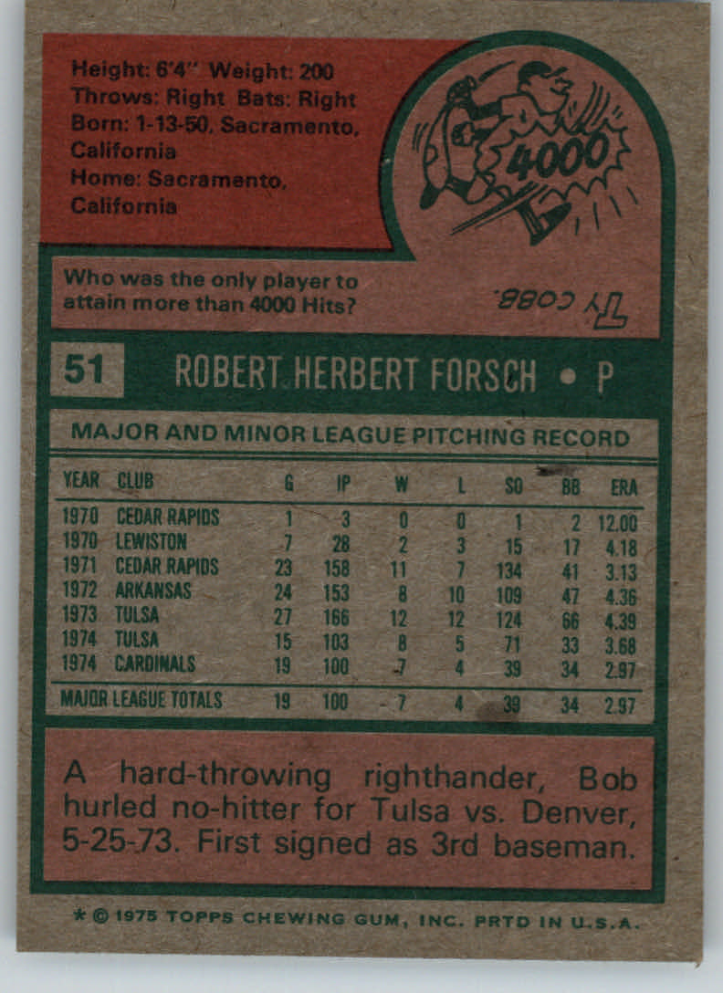 1975 Topps #51 Bob Forsch RC back image