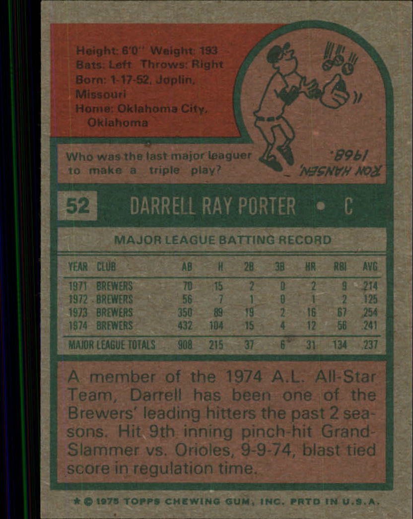 1975 Topps #52 Darrell Porter back image