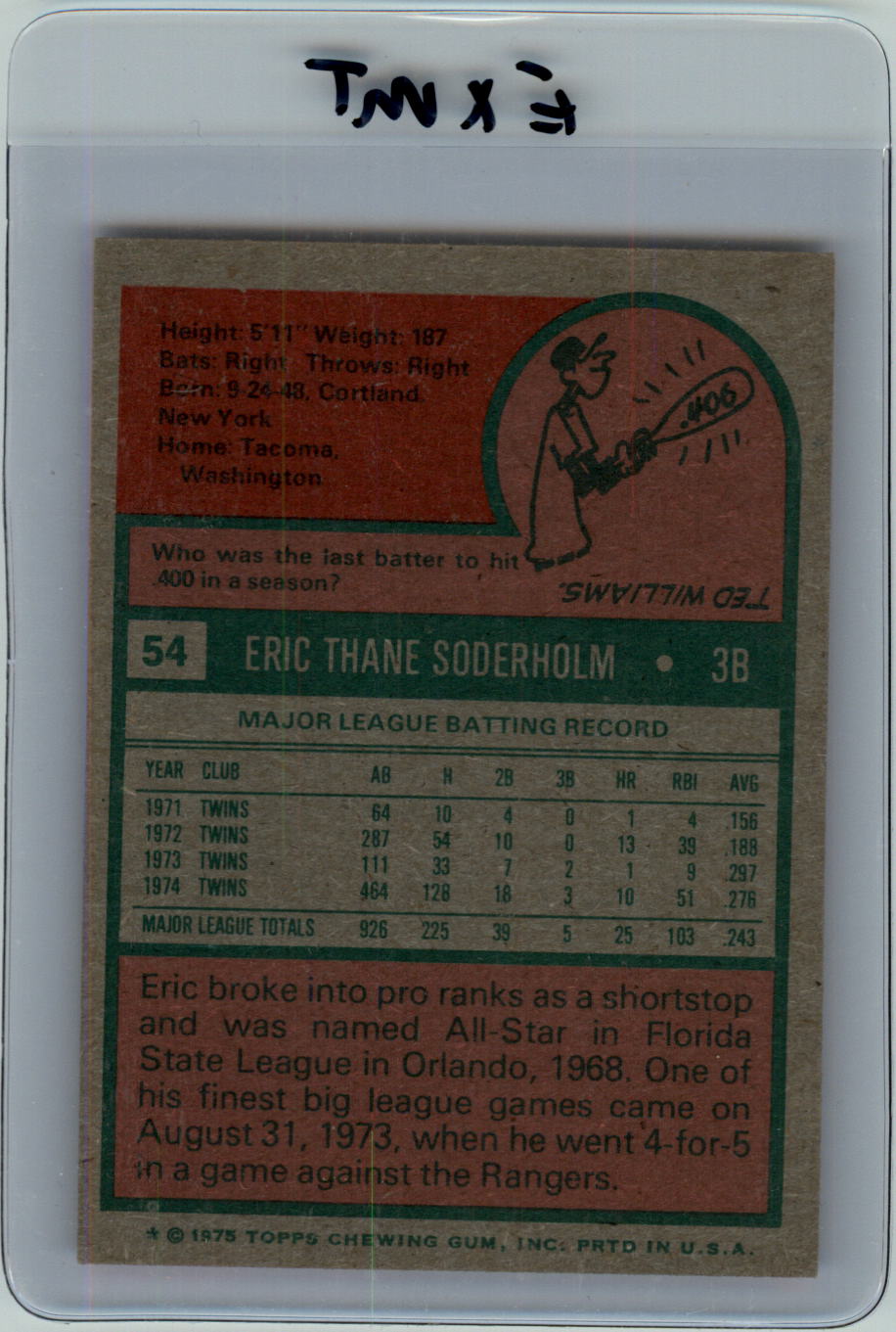 1975 Topps #54 Eric Soderholm back image