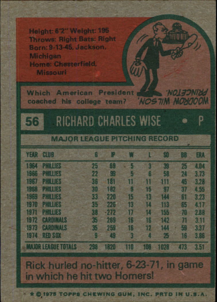 1975 Topps #56 Rick Wise back image