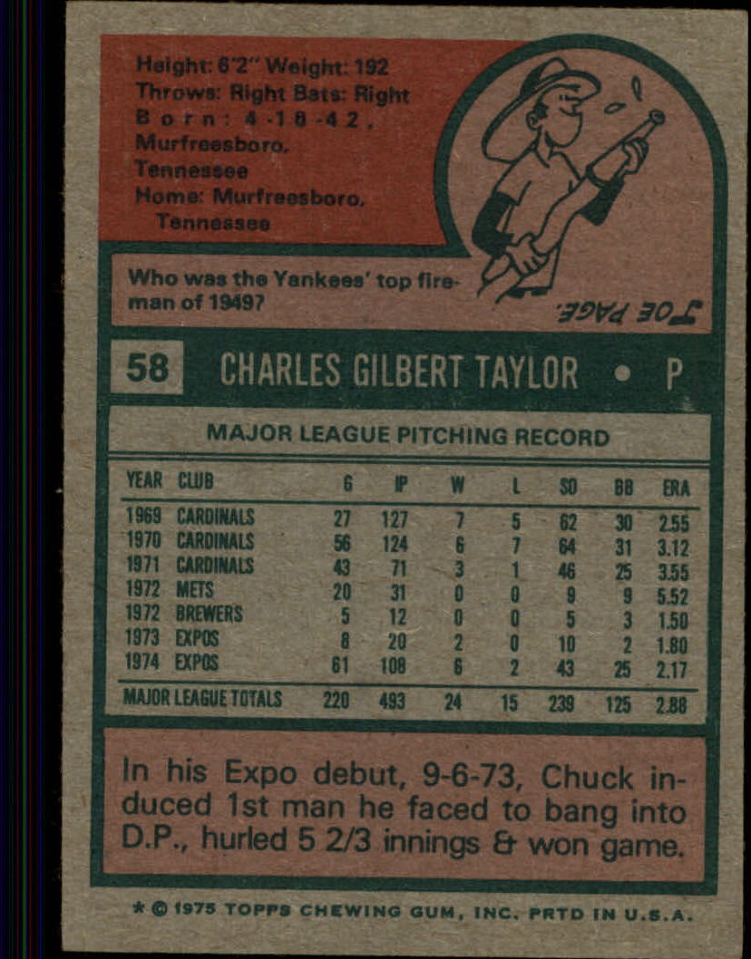 1975 Topps #58 Chuck Taylor back image