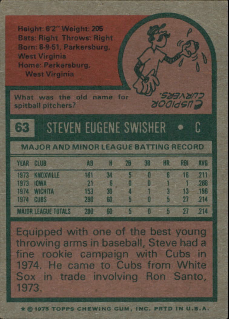 1975 Topps #63 Steve Swisher RC back image