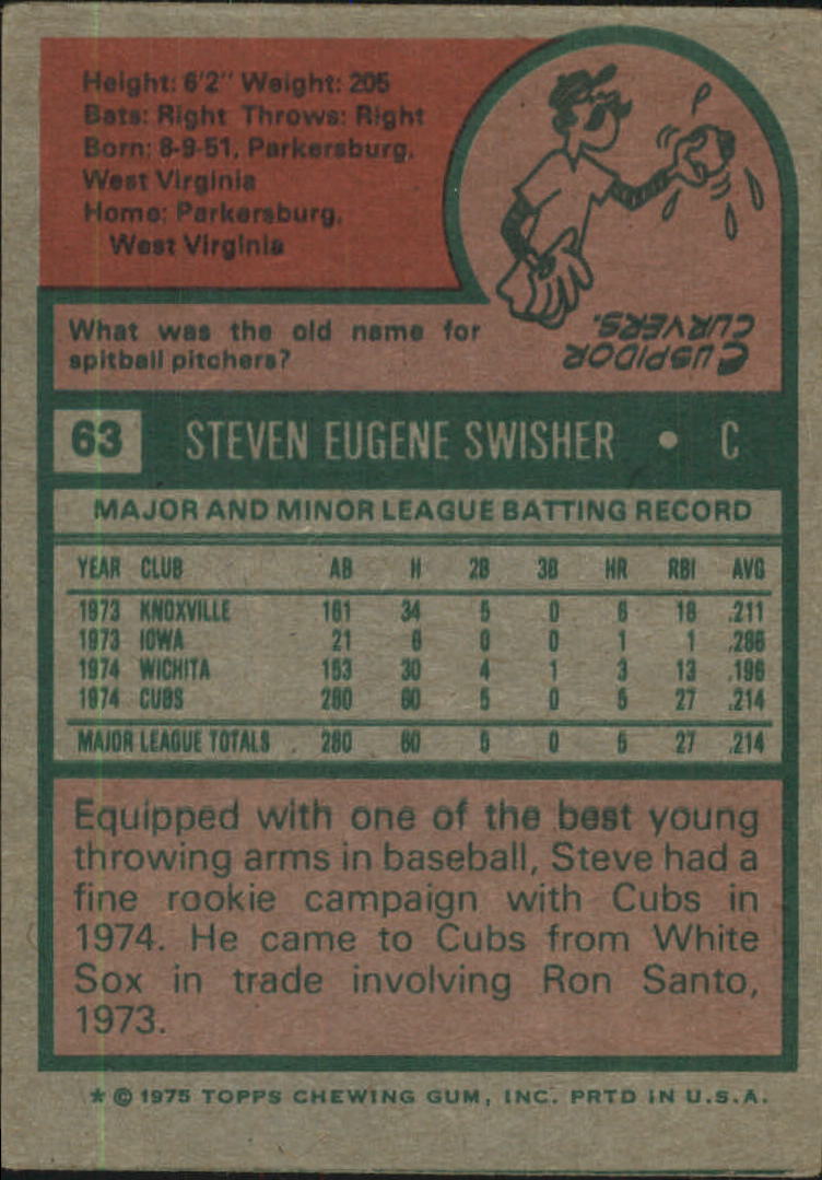 1975 Topps #63 Steve Swisher RC back image