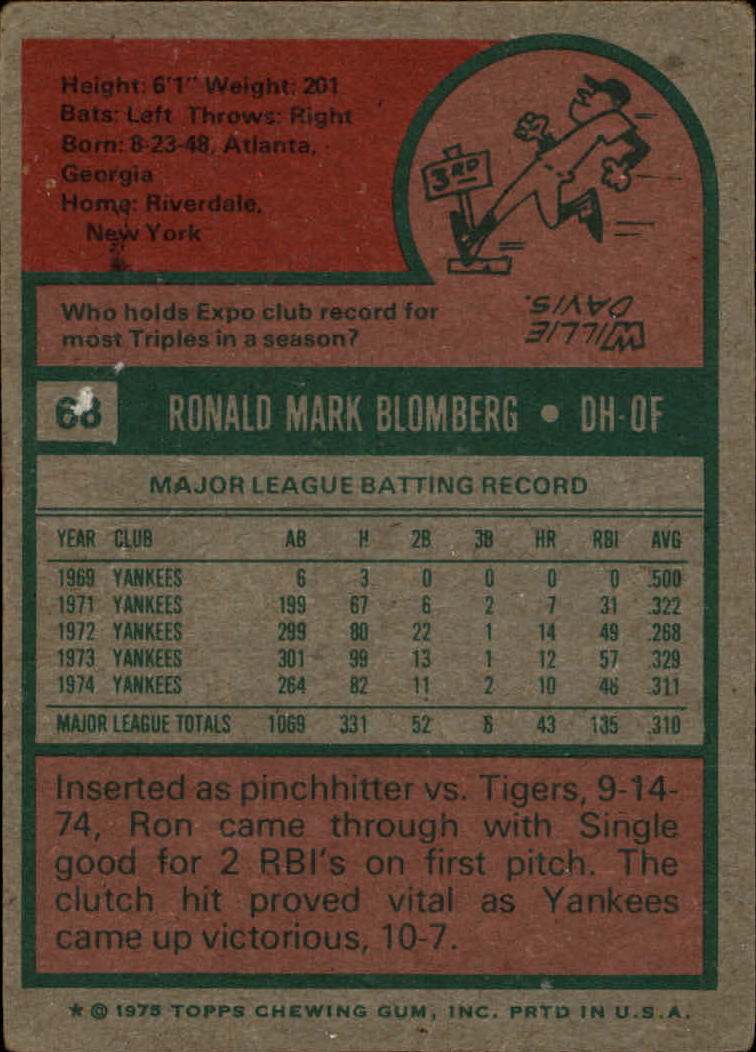 1975 Topps #68 Ron Blomberg back image