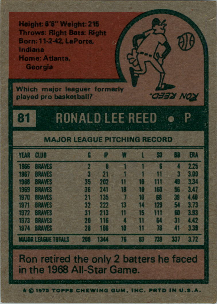 1975 Topps #81 Ron Reed back image