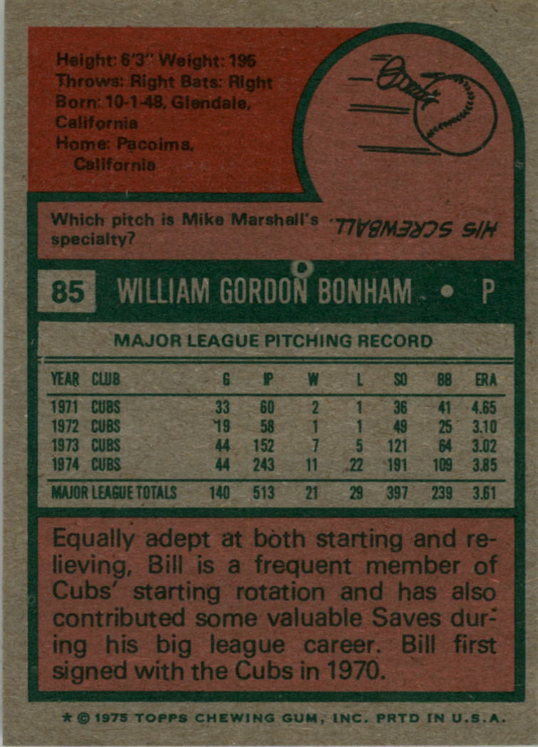 1975 Topps #85 Bill Bonham back image