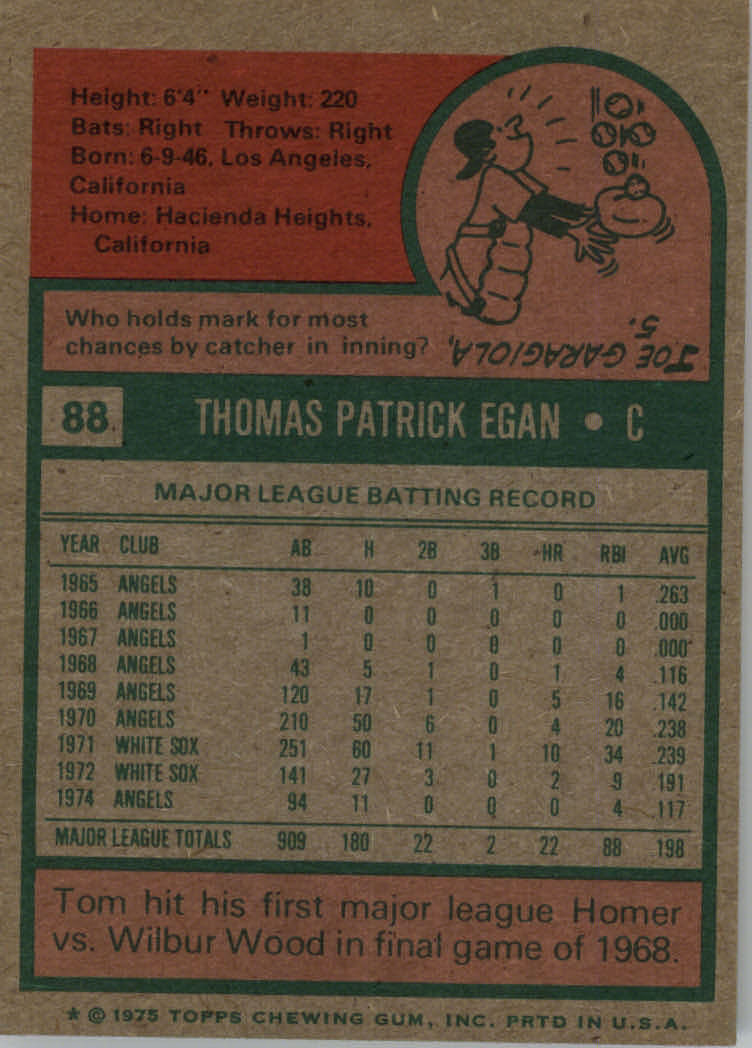 1975 Topps #88 Tom Egan back image