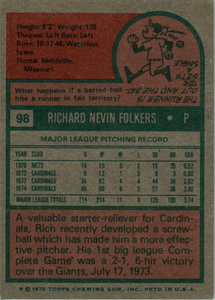 1975 Topps #98 Rich Folkers back image