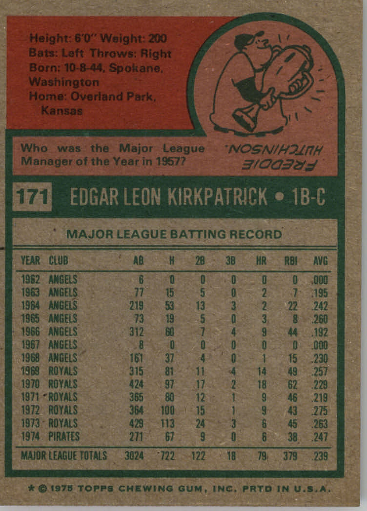 1975 Topps #171 Ed Kirkpatrick back image