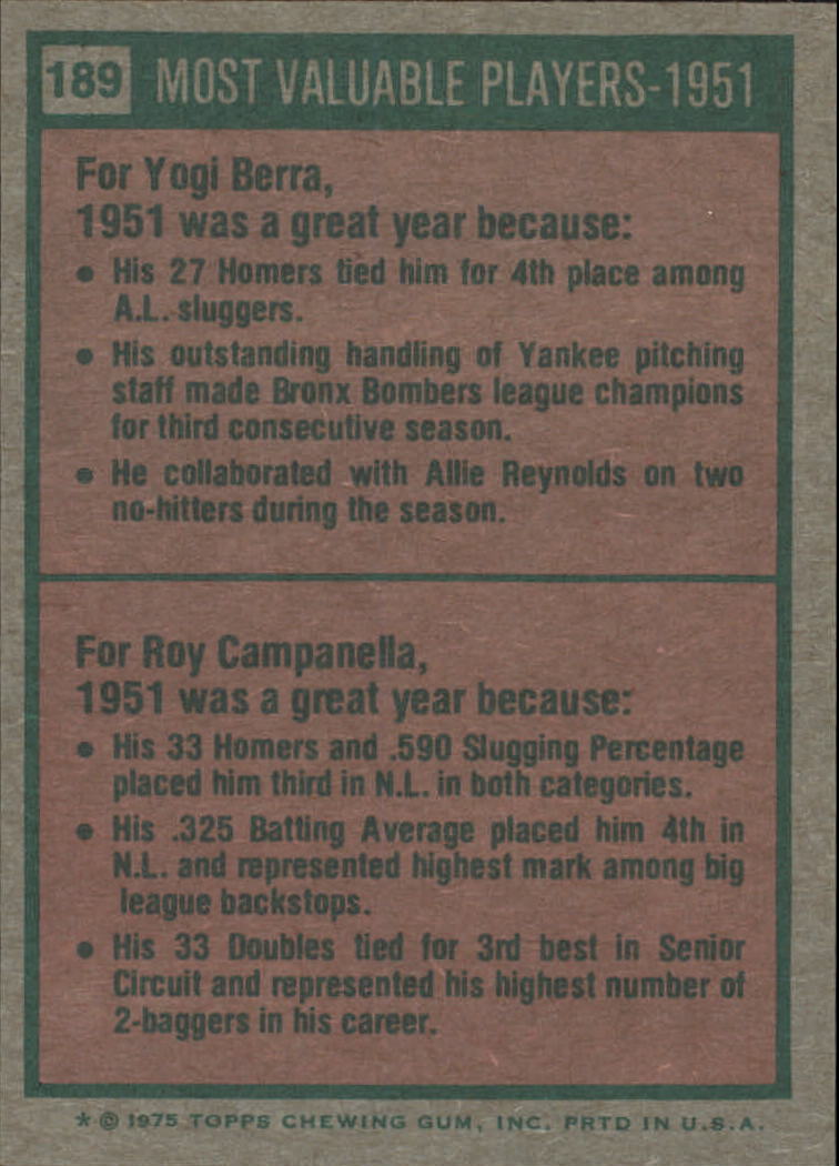 1975 Topps #189 Yogi Berra/Roy Campanella MVP/Campanella card never issued back image