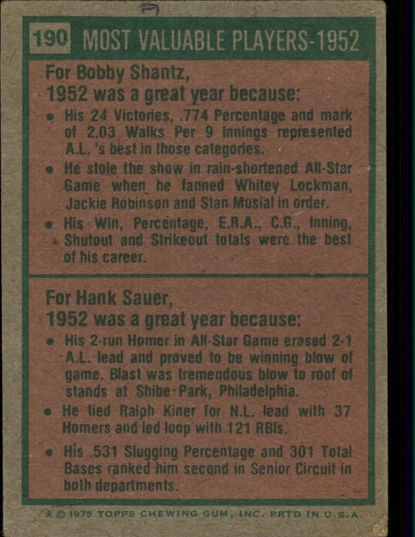 1975 Topps #190 Bobby Shantz/Hank Sauer MVP back image