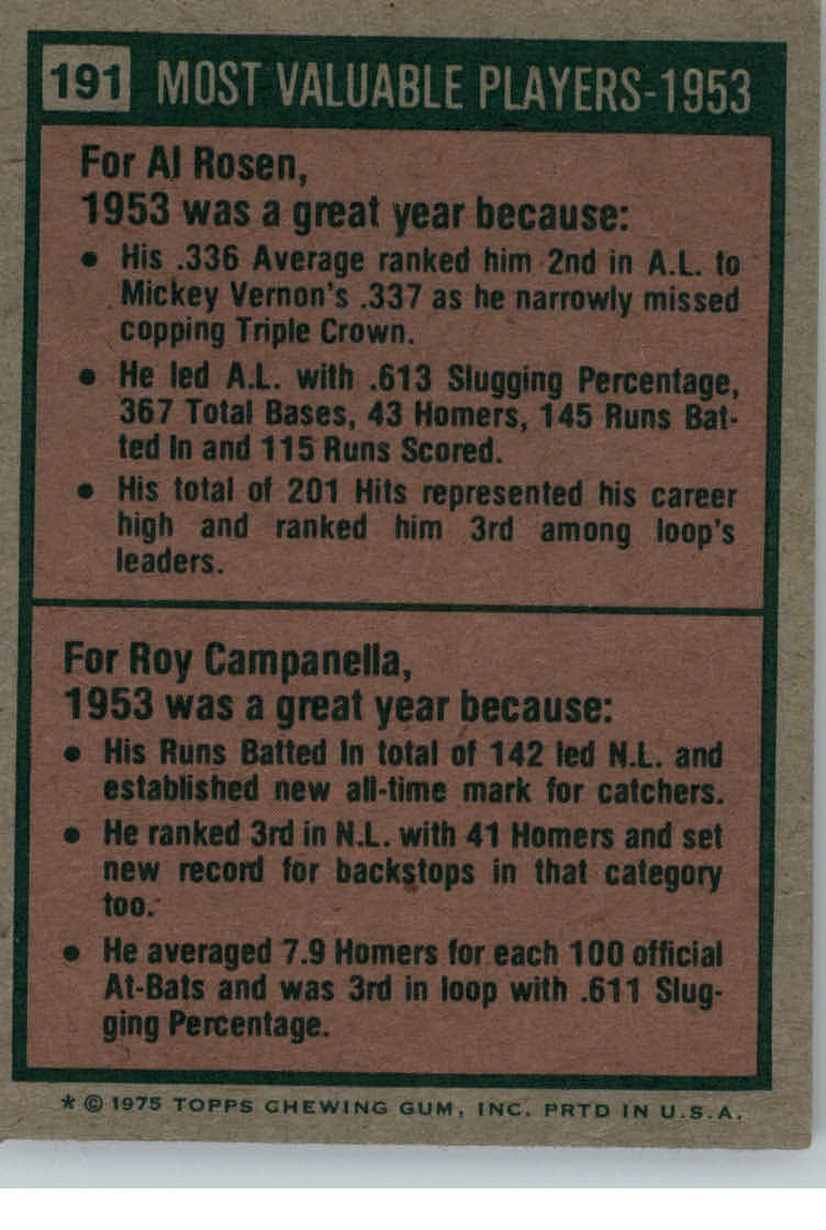 1975 Topps #191 Al Rosen/Roy Campanella MVP back image