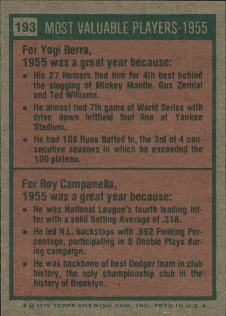 1975 Topps #193 Yogi Berra/Roy Campanella MVP/Campanella card never issued/he is pictured with LA cap back image