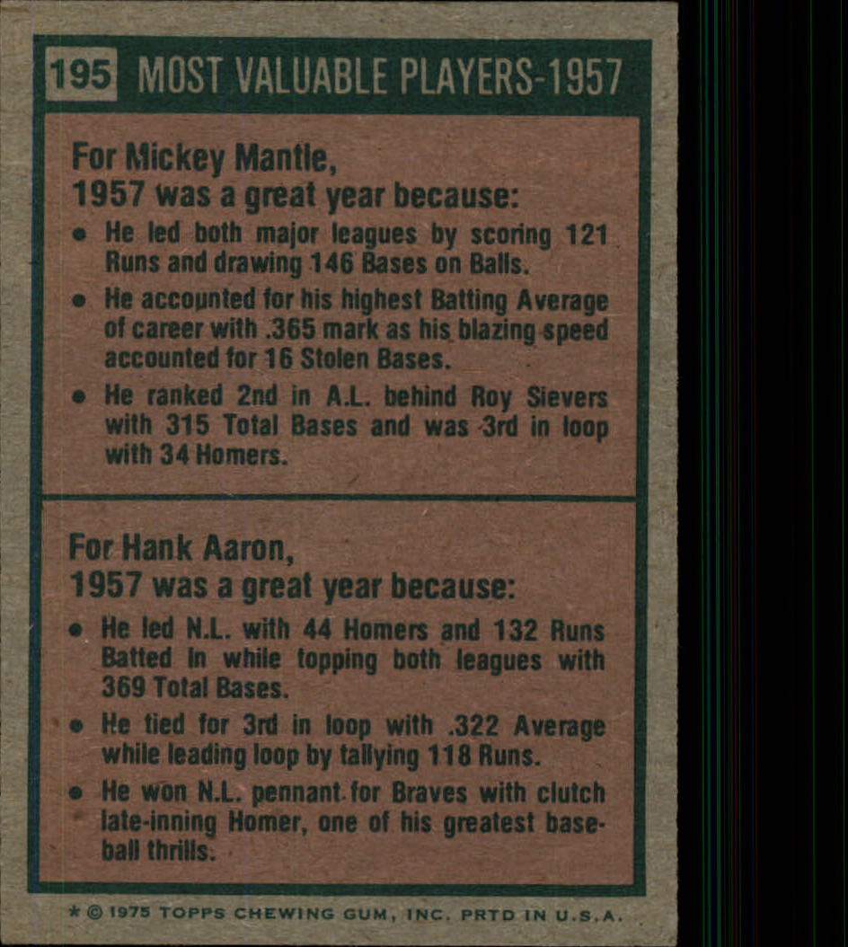 1975 Topps #195 Mickey Mantle/Hank Aaron MVP back image