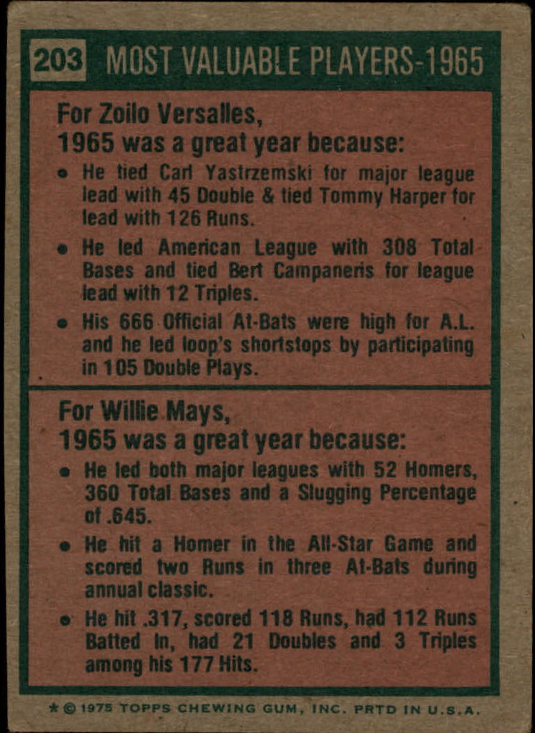 1975 Topps #203 Zoilo Versalles/Willie Mays MVP back image