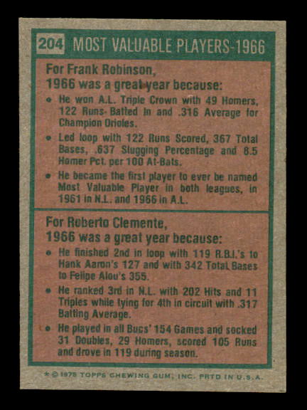 1975 Topps #204 Frank Robinson/Bob Clemente MVP back image