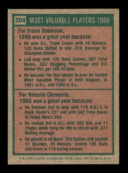 1975 Topps #204 Frank Robinson/Bob Clemente MVP back image