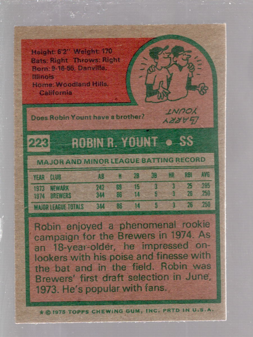 1975 Topps #223 Robin Yount RC back image