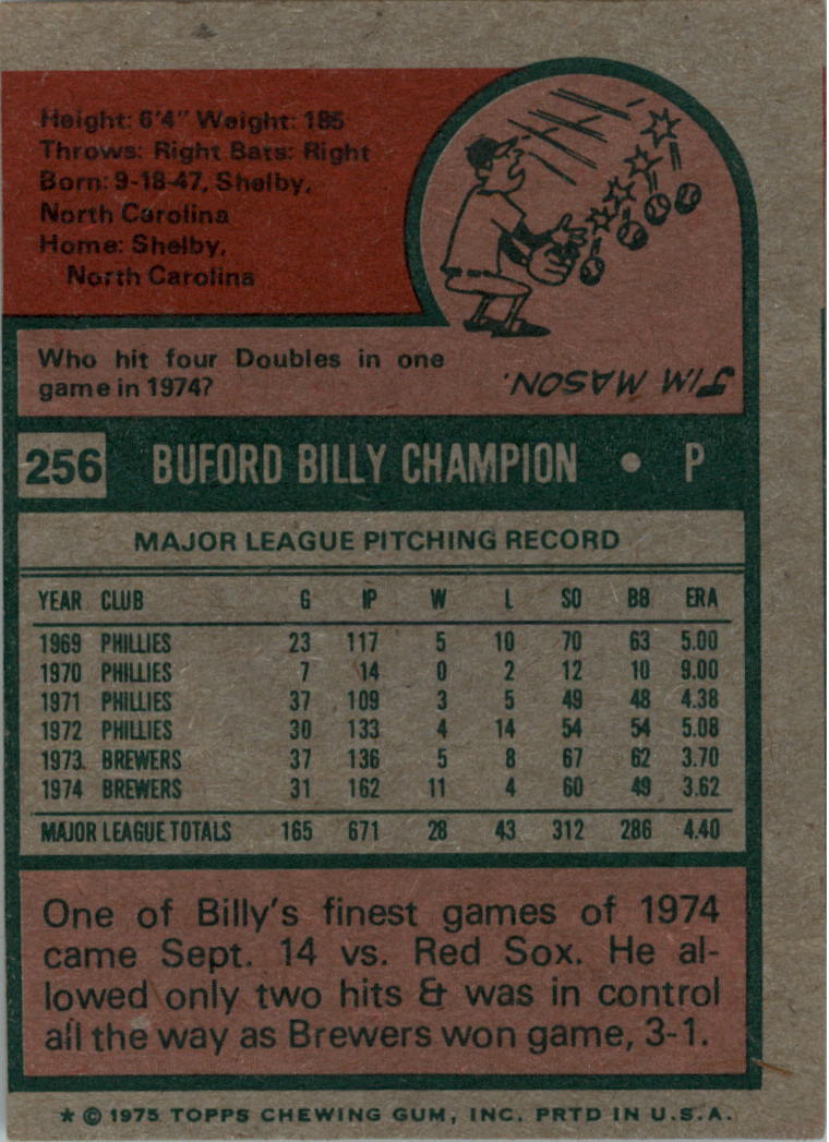 1975 Topps #256 Billy Champion back image