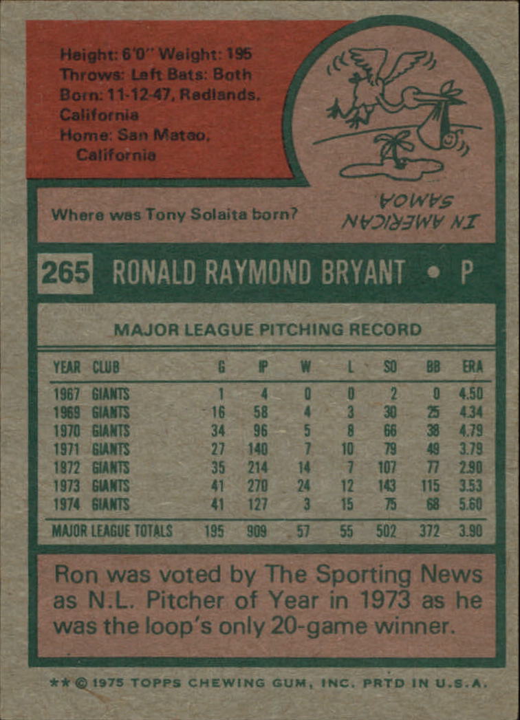 1975 Topps #265 Ron Bryant back image