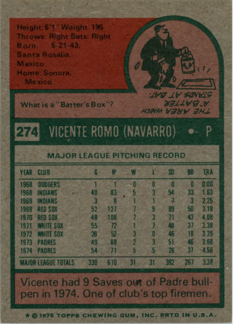 1975 Topps #274 Vicente Romo back image
