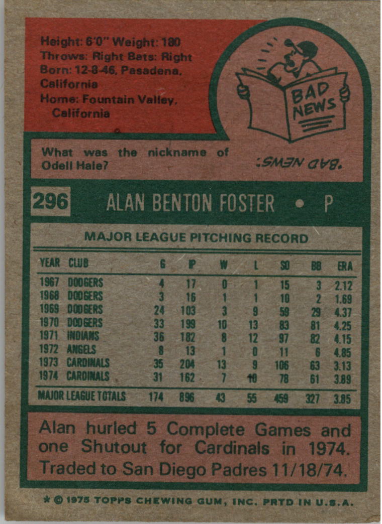 1975 Topps #296 Alan Foster back image