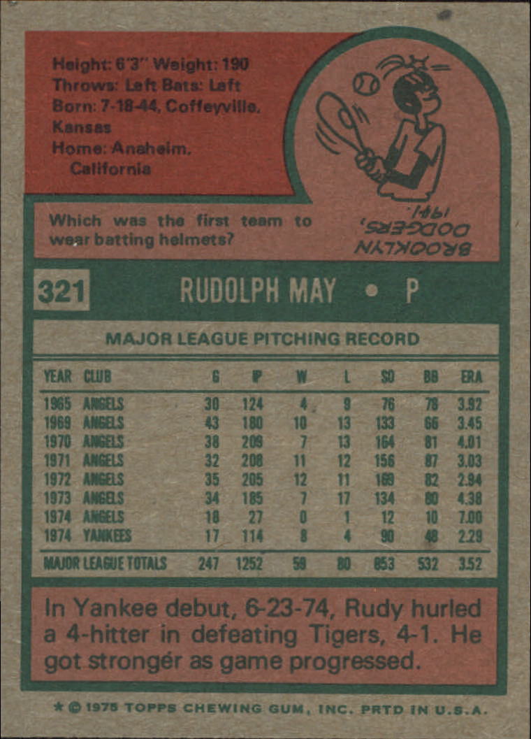 1975 Topps #321 Rudy May back image