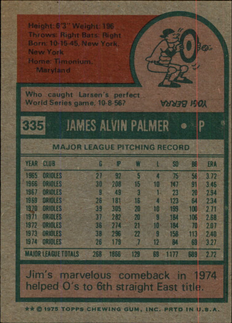 1975 Topps #335 Jim Palmer back image