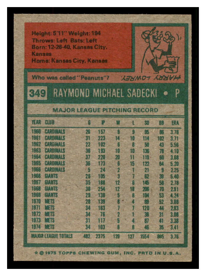 1975 Topps #349 Ray Sadecki back image