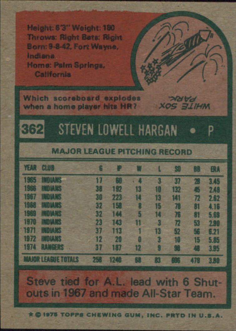 1975 Topps #362 Steve Hargan back image