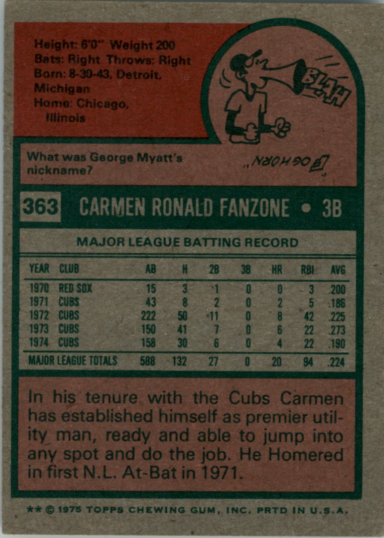 1975 Topps #363 Carmen Fanzone back image