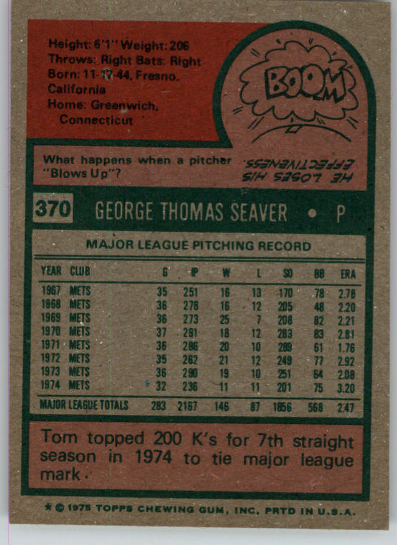 Tom Seaver 1975 Topps #370 New York Mets VG #3