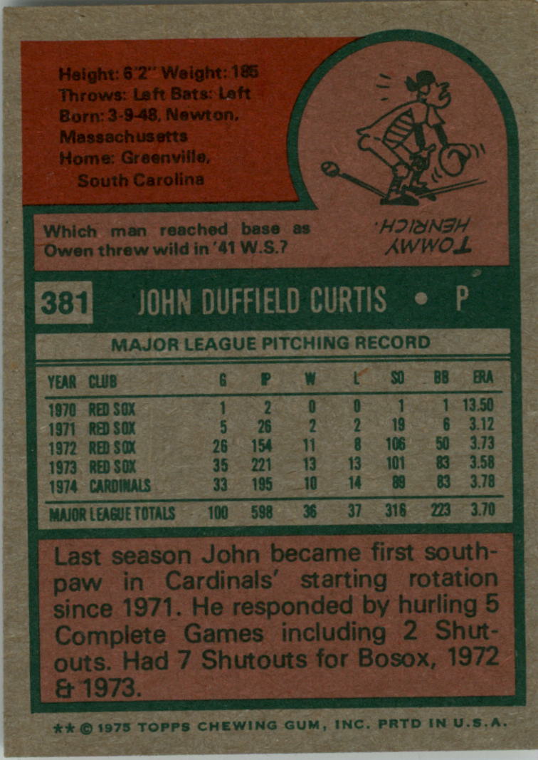 1975 Topps #381 John Curtis back image